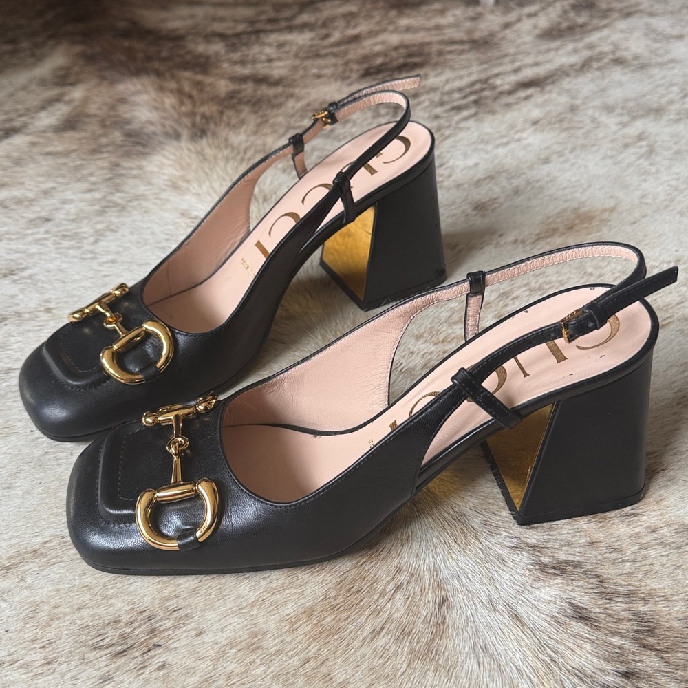 Gucci 37 7 Black Leather Gold Horsebit Mark Jane Pumps Heels Slingback with Box - Picture 7 of 16